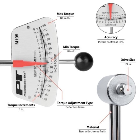 Performance Tool 1/4 In Dr. Beam Deflection Torque Wrench, M195 M195